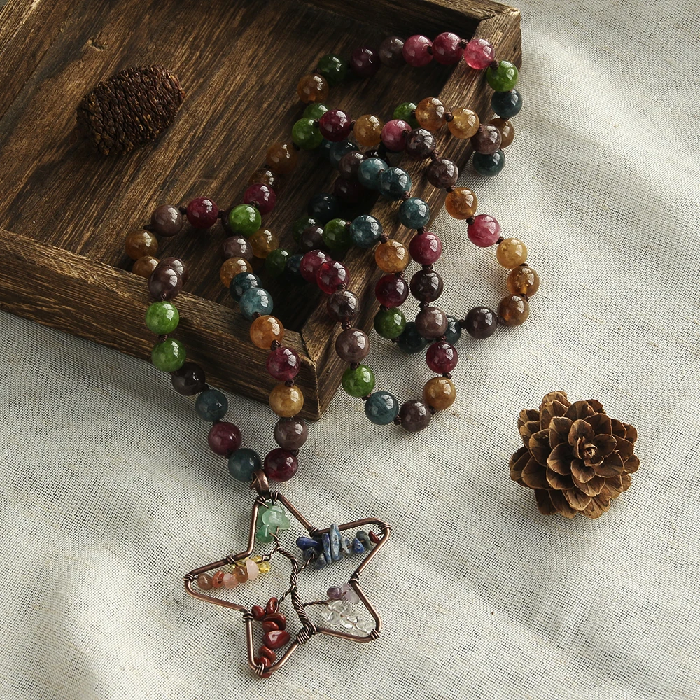 Fashion Western Ethnic Bohemian Jewelry 8mm Green Multicolor Natural Stone Handmade Necklace 7 Colors Charm Necklace