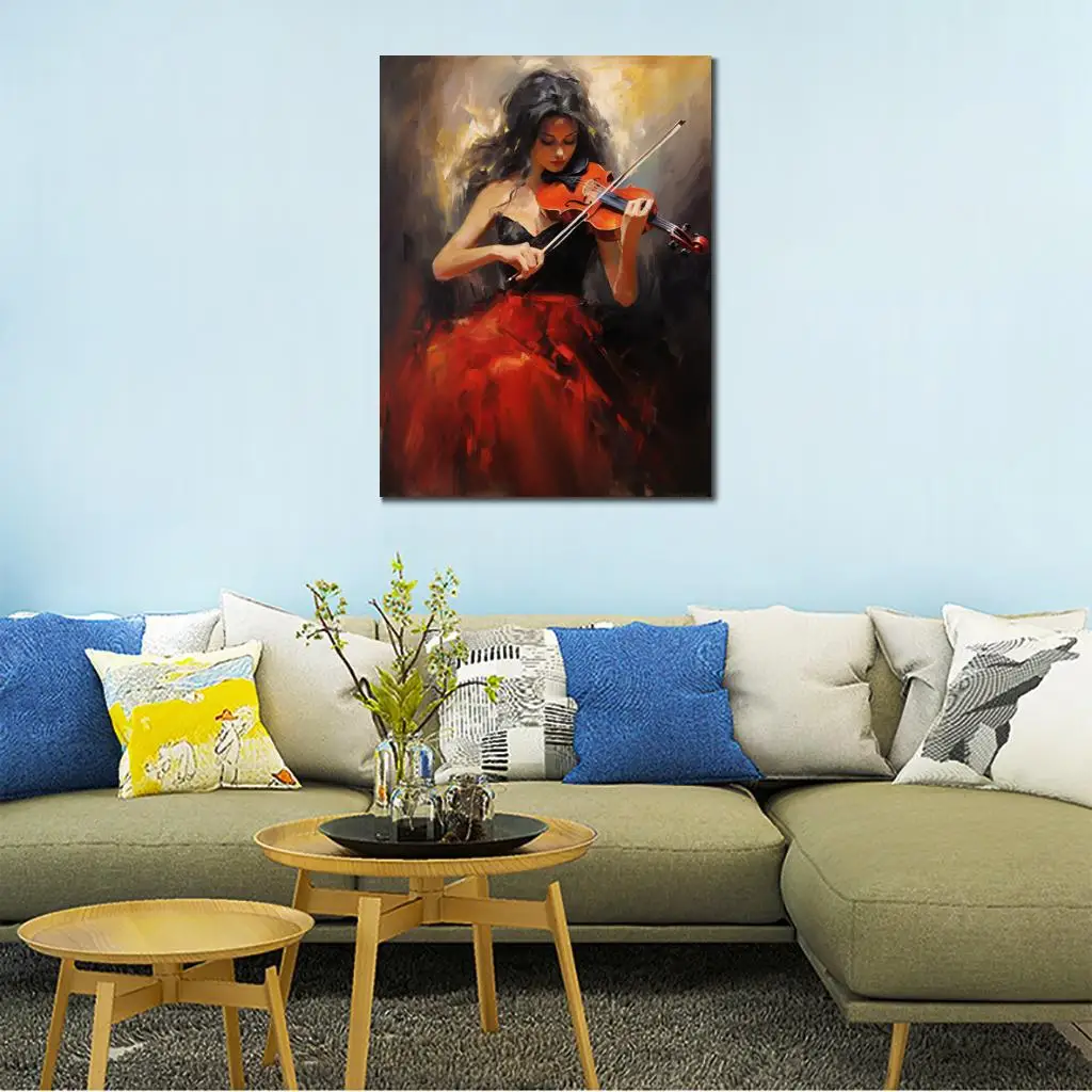 Music Canvas Art Girl Playing Violin Handmade Oil Painting Beautiful Artwork Modern Musicroom Bar Decor Romantic Best Gift