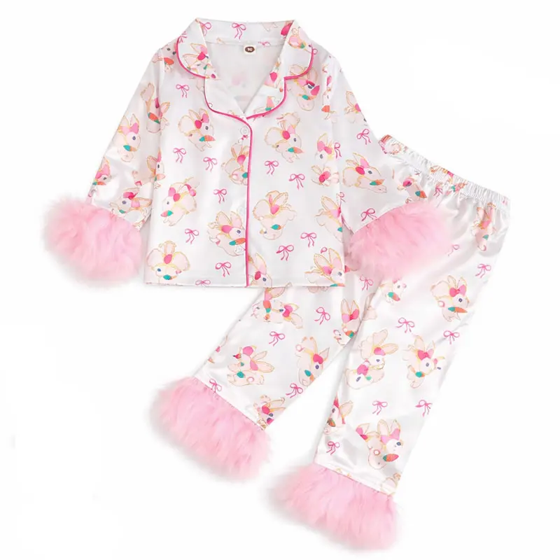 Easter Bunny Girl Feather Trim Sleeve 2PC Pajamas Set Fashion Child Bow Shirt+Pant Sleepwear Outfit Pjs Loungewear