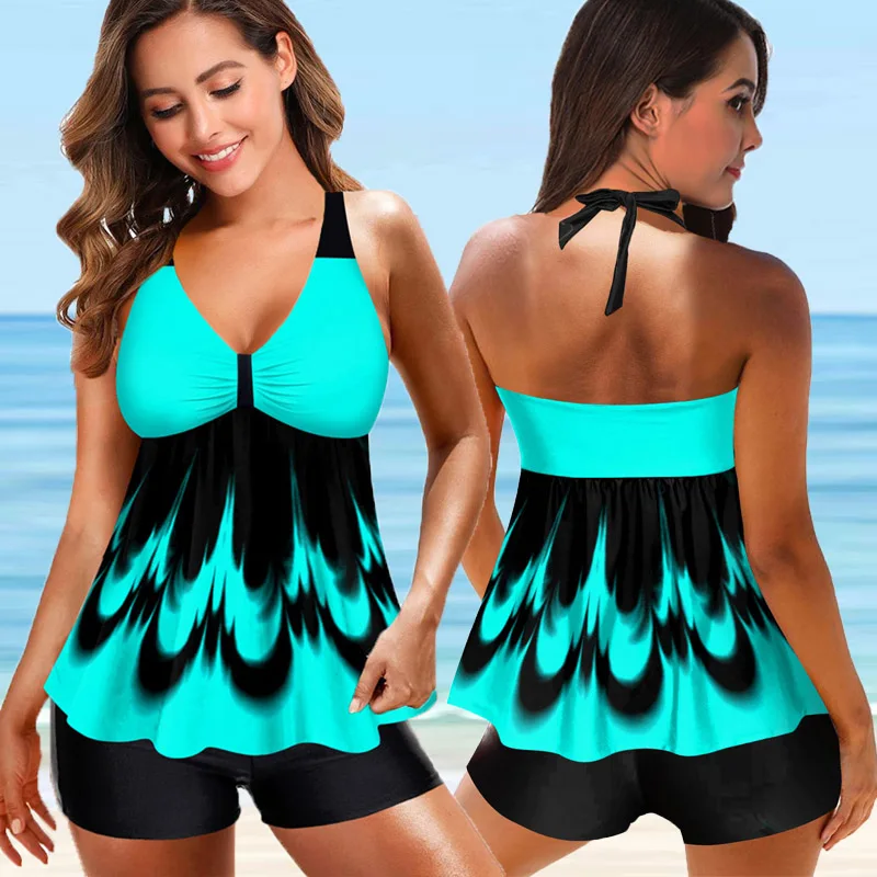 Bikini de dos piezas de talla grande para mujer, traje de baño Sexy con cuello de pico profundo, tankini Vintage, ropa de playa estampada, 2022