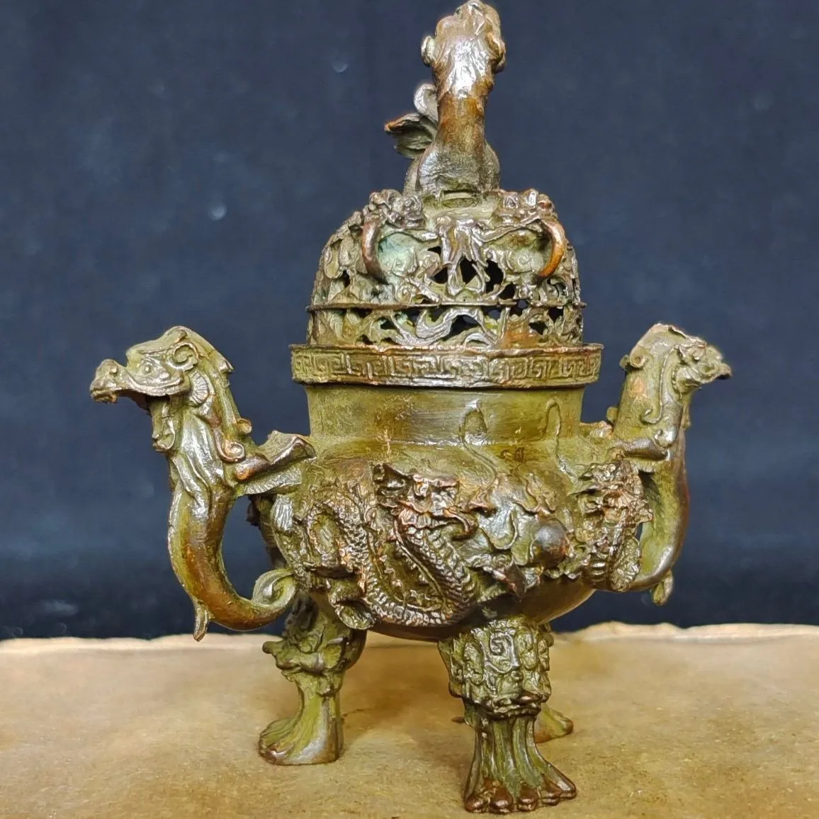 New Chinese Nine Dragon Brass Incense Burner Censer Teaware Decor 7*10cm