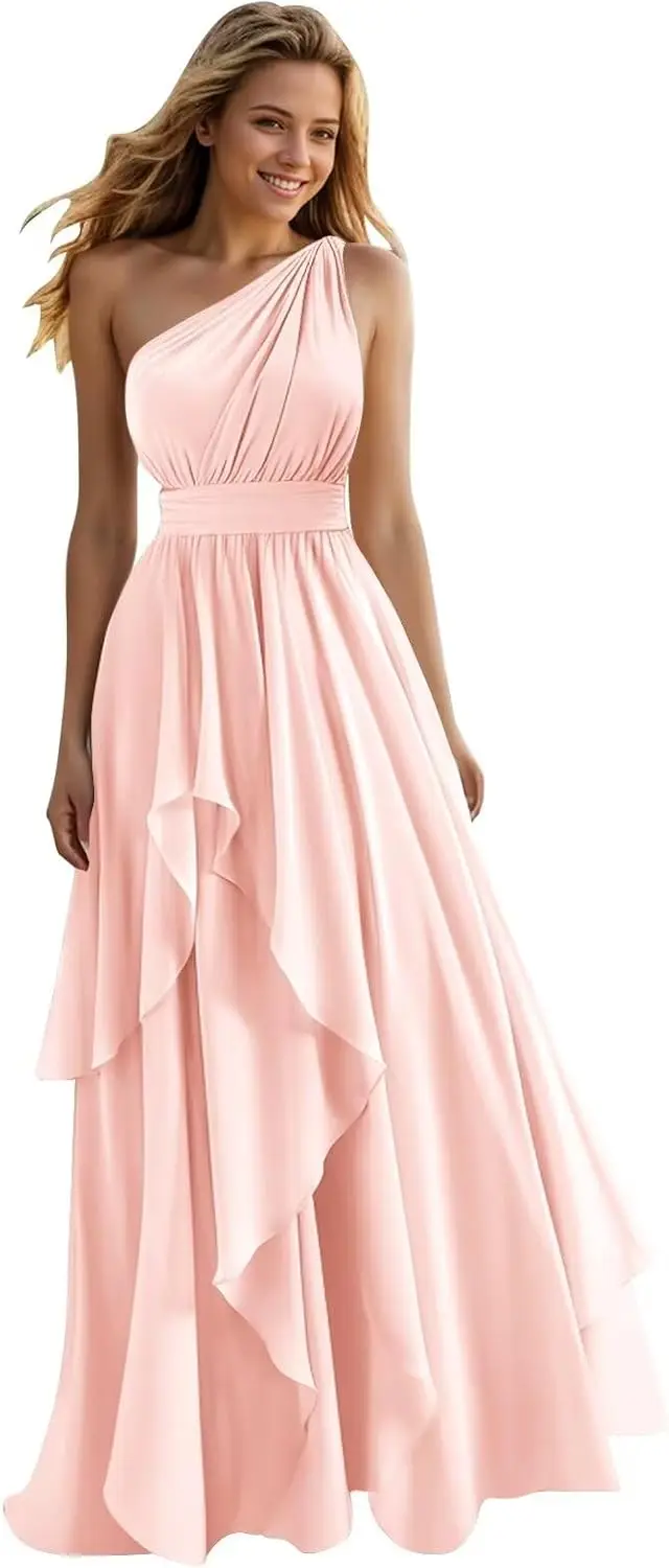 

Single Shoulder Bridesmaid Dress, Wedding Guest Dress, Layered Pleated Long Ball Dress Women's Long Elegant Formal Evening Dress