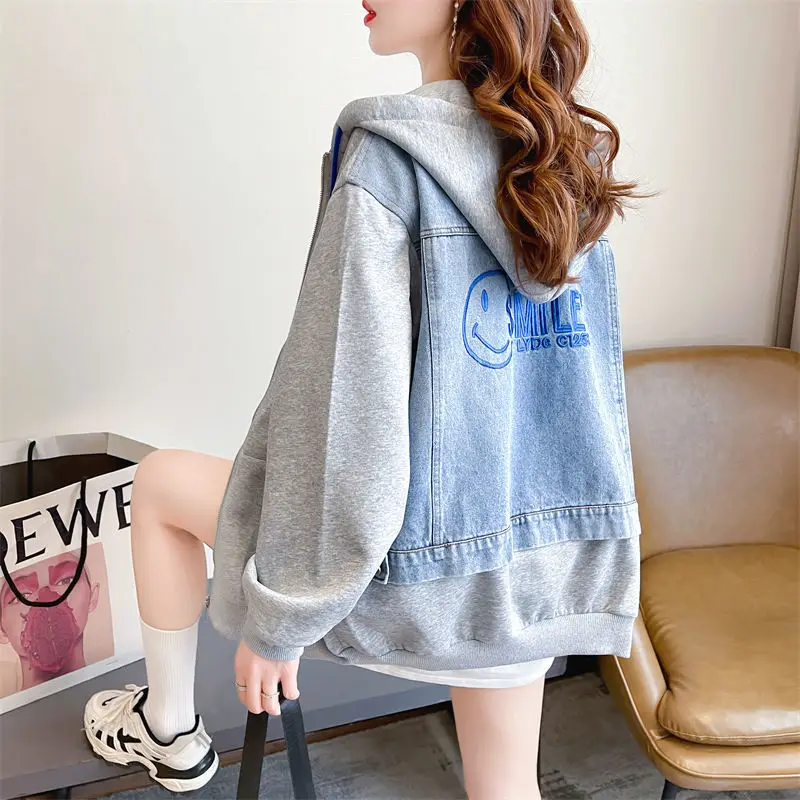 Autumn Denim Patchwork Hooded Zipper Sweatshirt Women Clothing Trends Embroidery Cardigans Designs Jackets Casual Coats Hoodies
