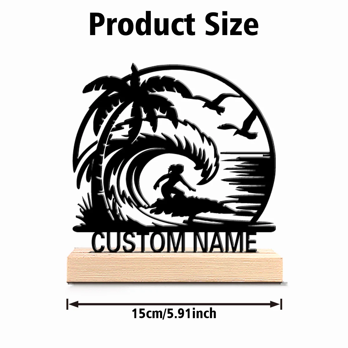 1pc Fashion Personalized Custom Surfer Metal Statues With Wooden Base Tabletop Decoration Modern Wooden Surfer-Themed Wooden Bas