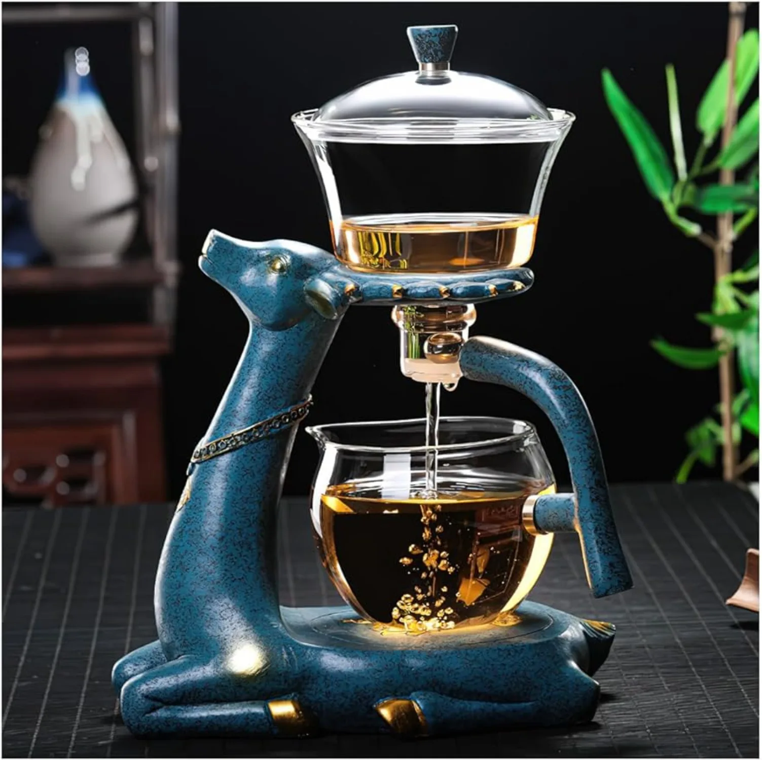 

Glass Semi-automatic Water-conducting Magnetic Teapot with Tea Brewer Heat-resistant Glass Magic Deer Teapot (blue)