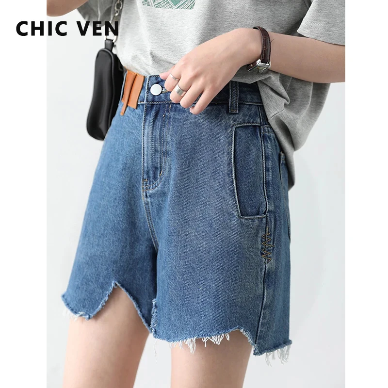 CHIC VEN  Women Denim Shorts Retro Irregularly Cut Blue High-waisted Short Jeans for Woman Streetwear Pants Ladies Summer 2024