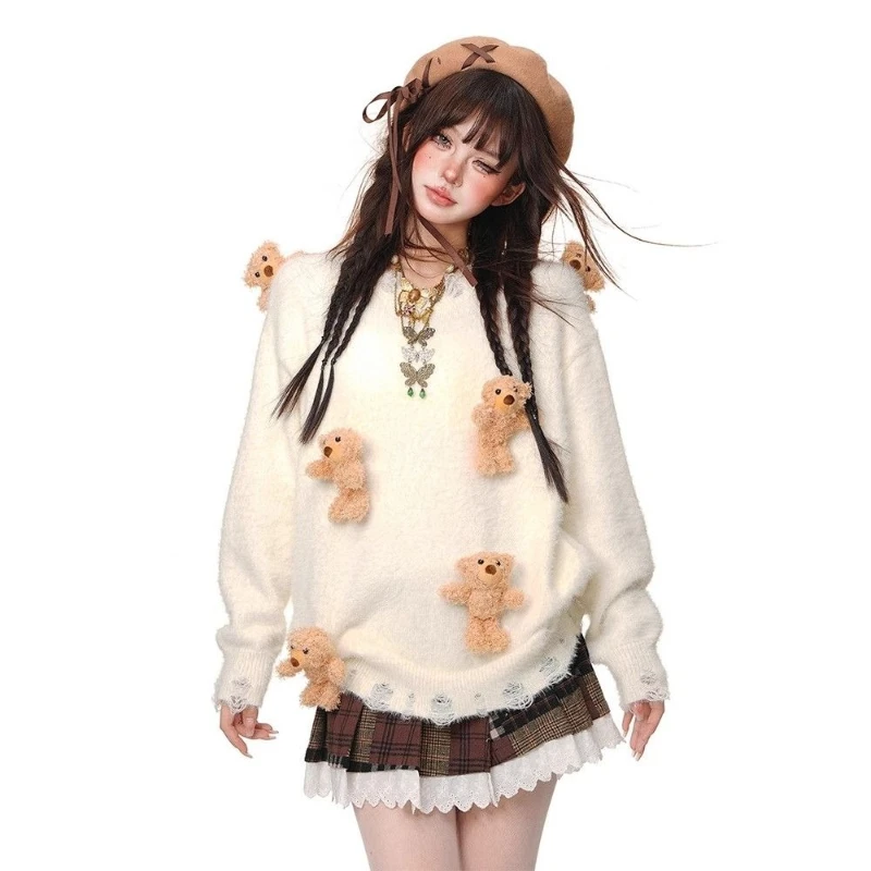 Suéter japonés Kawaii de manga larga para mujer, jersey informal Y2k de Color sólido con retales de osos dulces, jersey ajustado con cuello redondo para primavera y otoño