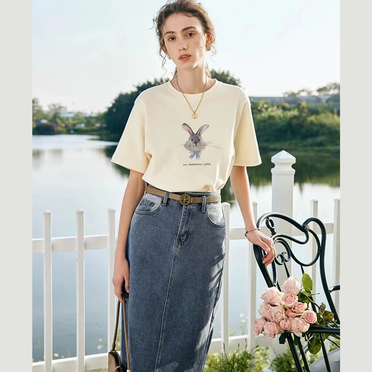 

OLrain Apricot Printed T-shirts 2025 New Casual Loose Cotton Knitted Lady Tops Drop Sleeve O-Neck Simple Female Tees O24XT90550