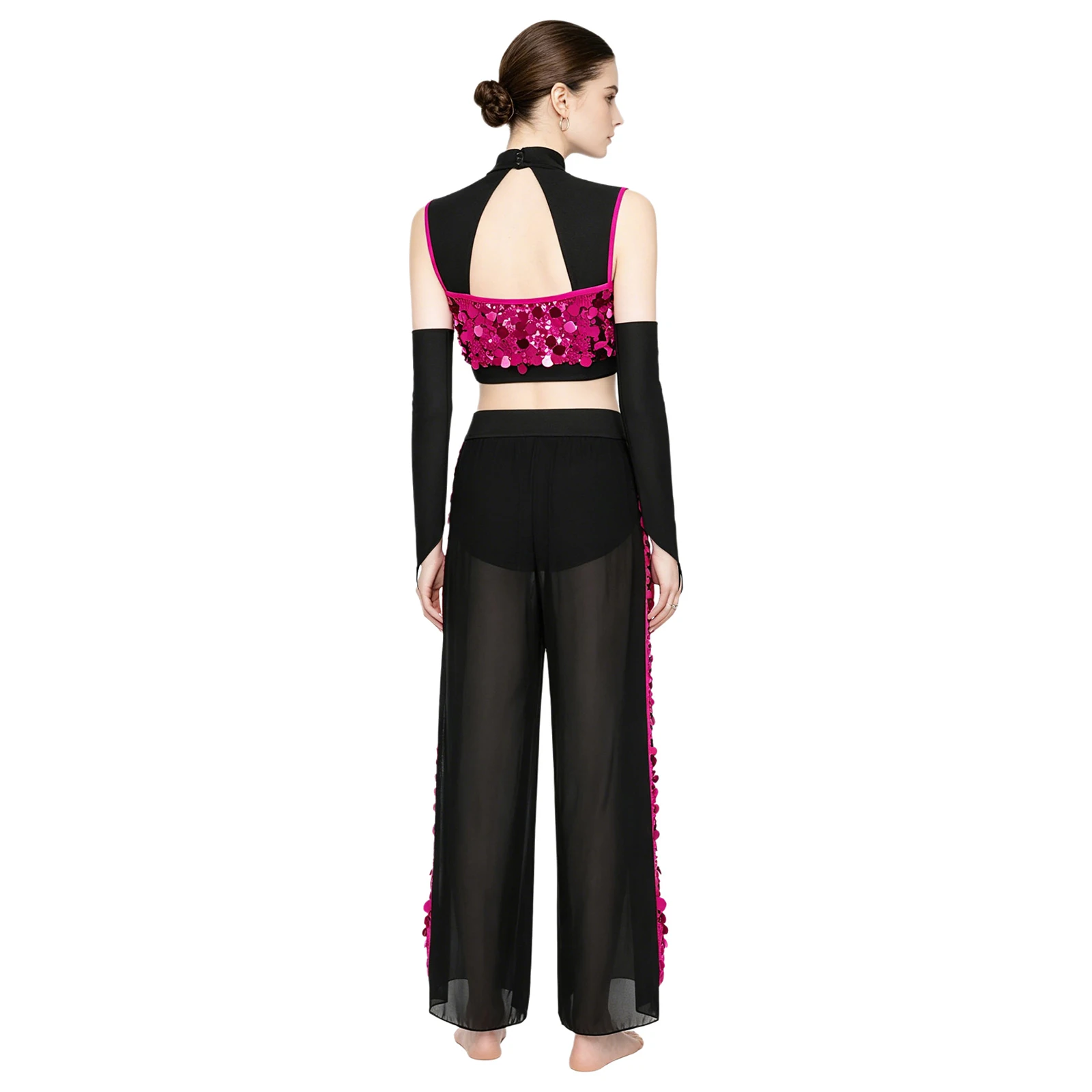 Womens Lyrical Dance Outfit Sleeveless Backles Glitter Sequined Crop Top with Gloves and Pants Modern Jazz Dance Stage Costumes