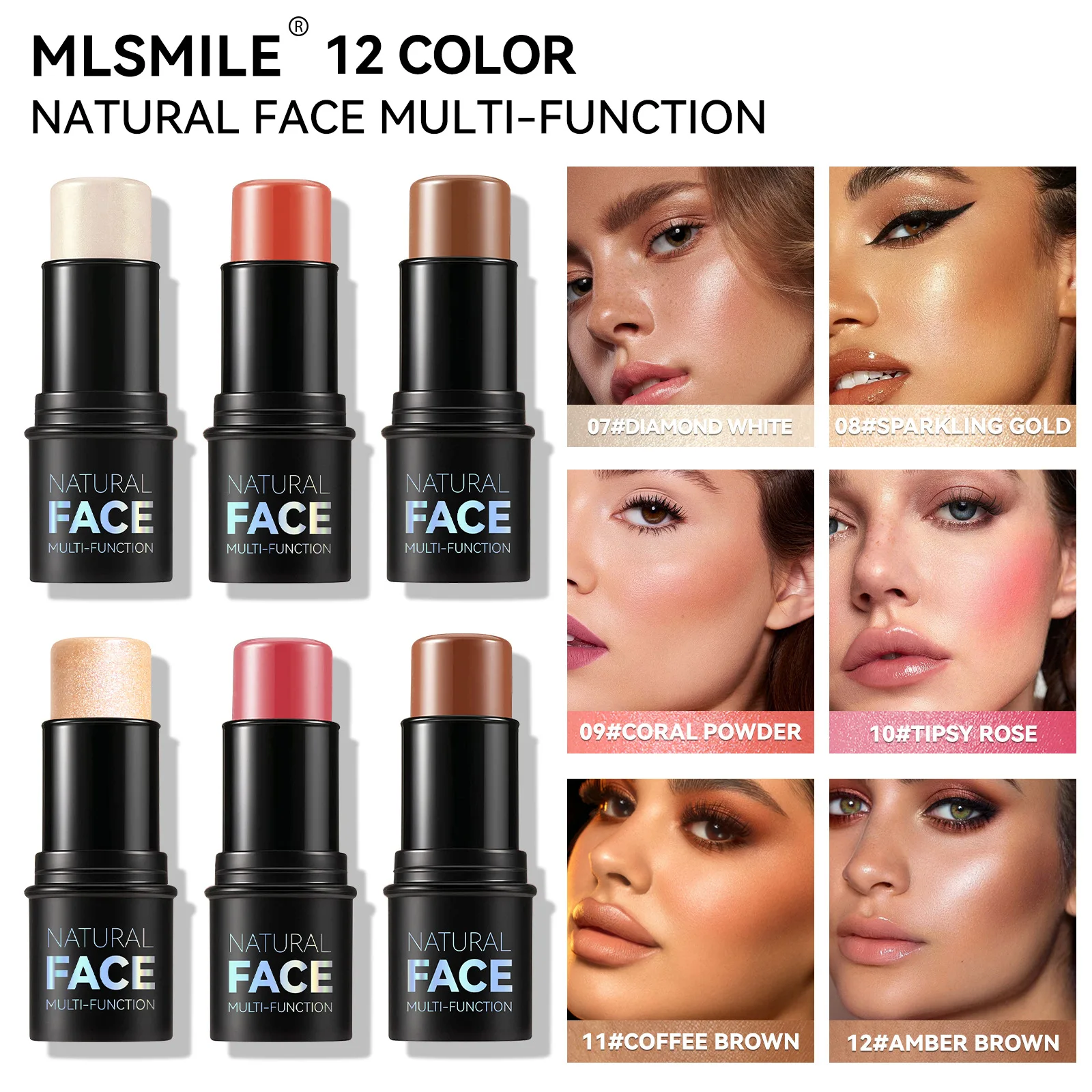 MLSMILE 3pcs highlighter and contour stick multifunctional three-dimensional brightening skin tone facial blush stick