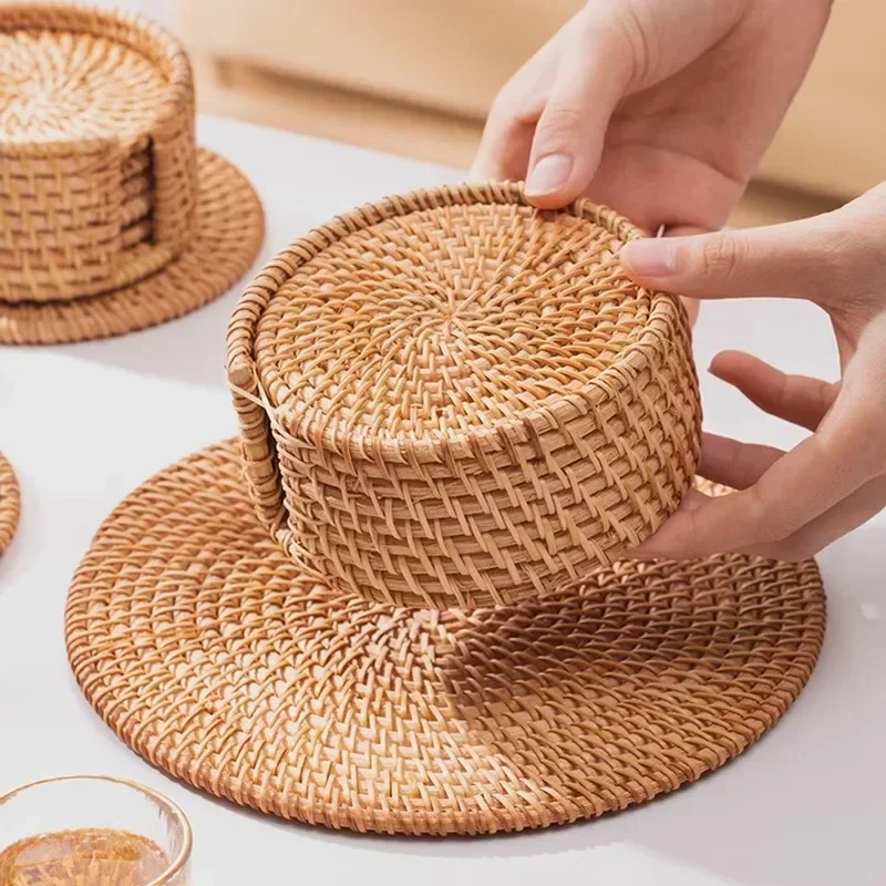 6pcs/set Handmade Rattan Table Mat Creative Placemat Heat Insulating Non-Slip Coaster for Dining Table Bowl Plate