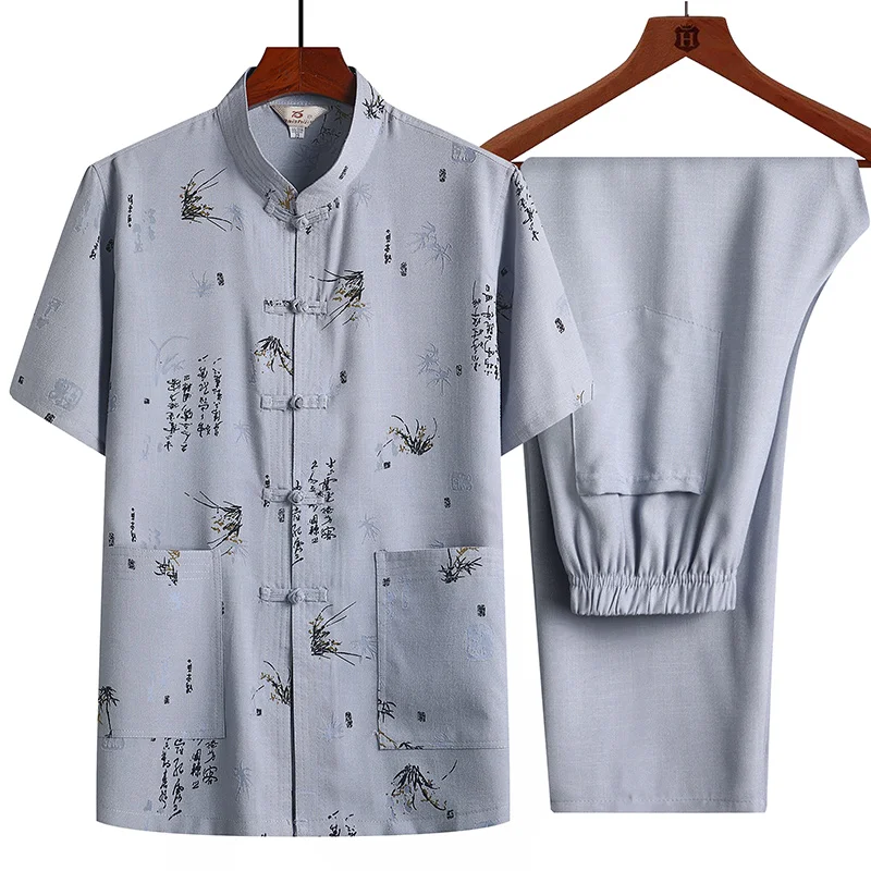 Cotton Hemp Tang Suit (Top + Pants) Chinese Wind Old Man Father Cotton Hemp Tang Suit Grandpa Linen Loose Home Suit