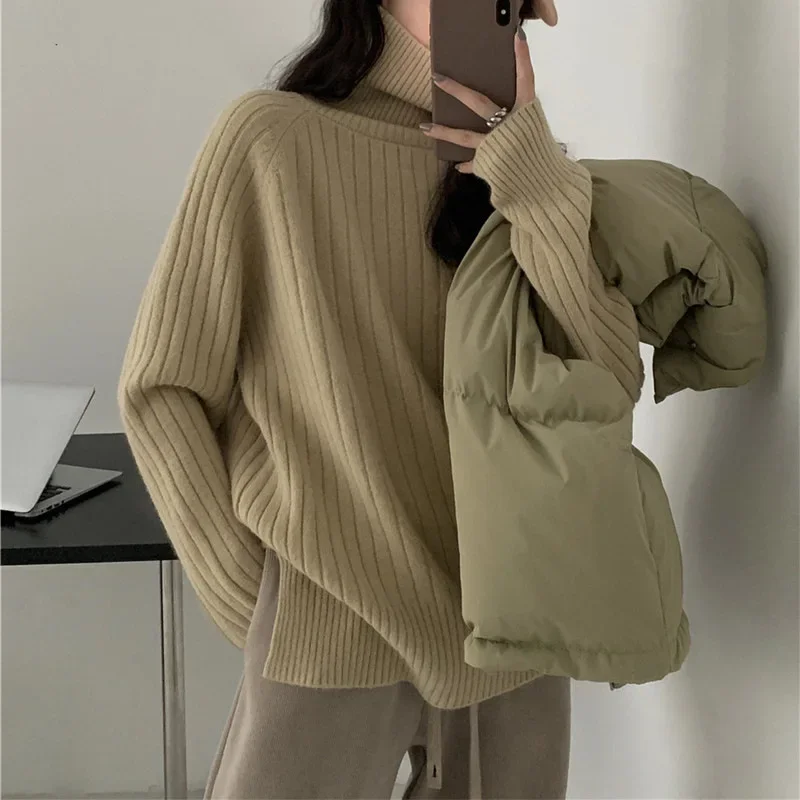 Women Turtleneck Sweater 2024 Cardigan Split Kintted Loose Spring Autumn Vintage Winter Streetwear Y2k Jumper White Cardiganss