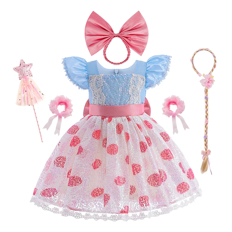 Vestido de Pastora para Niña Pequeña con Lentejuelas, Tutú de Puntos Rosa y Azul, con Diadema de Lazo Grande, Disfraz de Pastora para Halloween