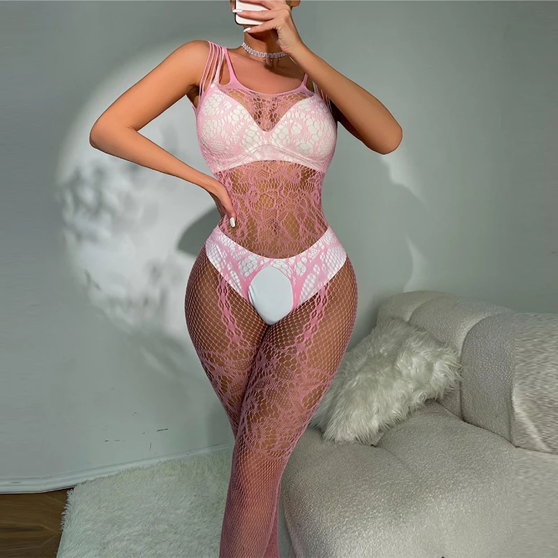 Women\'s Large Size Suit Sexy Crotchless Full Body Stockings Hollow Out Bandage Onlyfans Underwear Sex Lingeries Set Red Babydoll