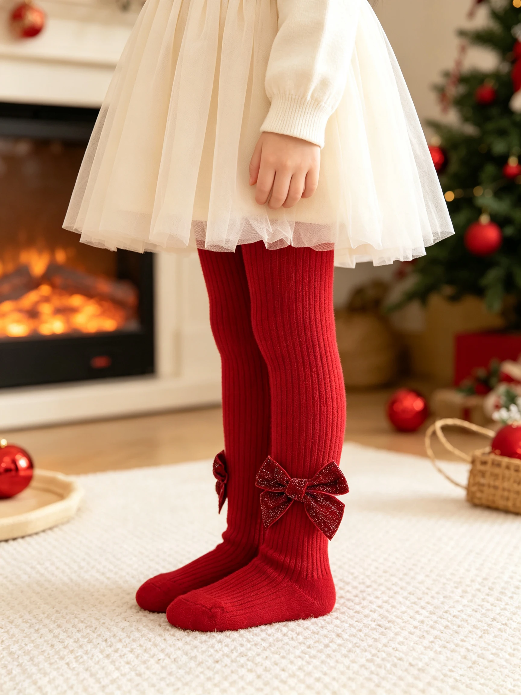 1 Stück Mädchen-Strumpfhose mit roter Schleifendekoration, mit Fleece gefüttert, dicke Strickstrumpfhose, Thermoleggings, Herbst, Winter, Weihnachtsfeier, Alltagsoutfit, 0-8 Jahre – Detail 5