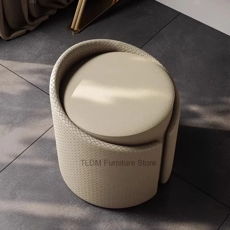 Luxury Vanity Stool with Woven Texture Leather,Curved Wrap-Around Design&Smooth Cushion,Elegant Accent Stool for Dressing Table