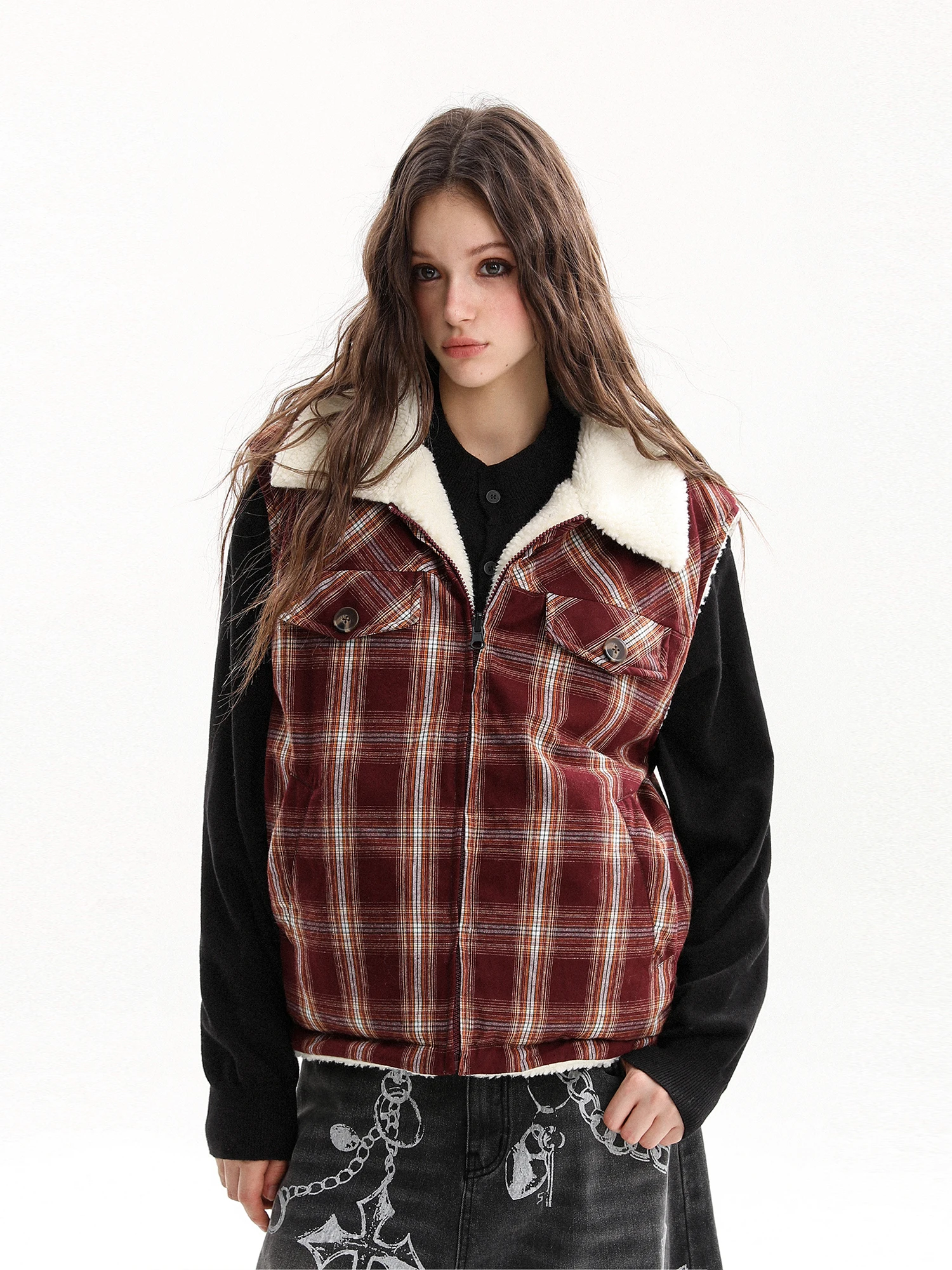 

Red Plaid Double-Sided Wear Lamb Fur Vest Women's Winter Lazy Sle Thi Warm Outerwear Casual Commute Loose Fit Zipper