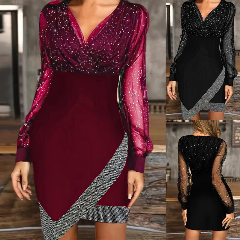 

2024New Mesh Sequin Stitching SexyvCollar Elegant Long Sleeve Dress Women