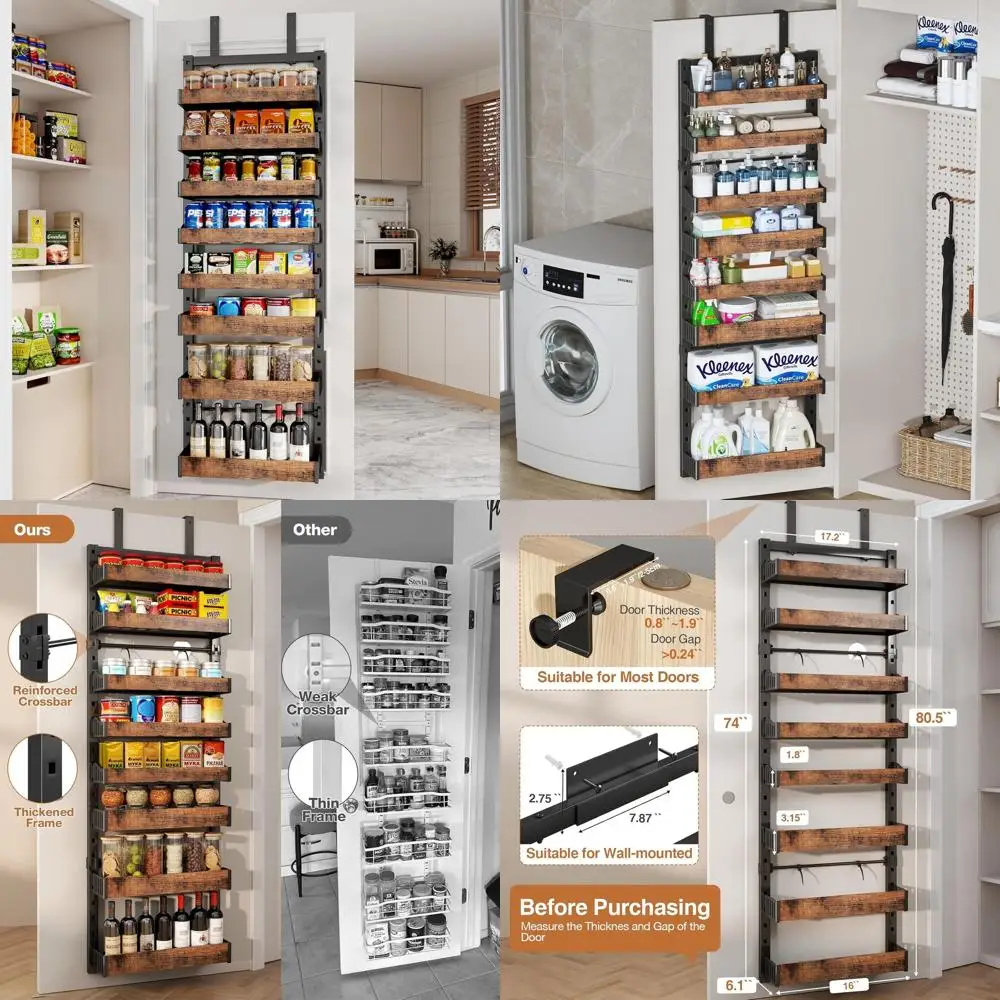 

8-ярусная подвесная полка для кладовой, сверхпрочная металлическая настенная или подвесная полка для специй, полки для хранения за дверью с A