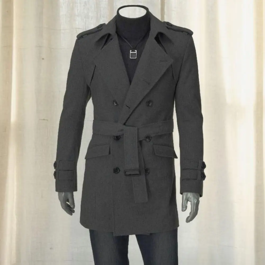 

Men Trench Coat Stylish Men's Double-breasted Trench Coat with Belted Notch Collar Mid-length Jacket for Fall Winter Windbreaker