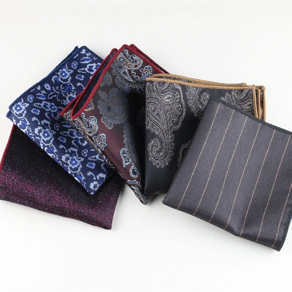 New Luxury 23CM Polyester Silky Pocket Square Mens Groom Formal Paisley Black Handkerchief Wedding Suit Hanky Host Chest Scarf