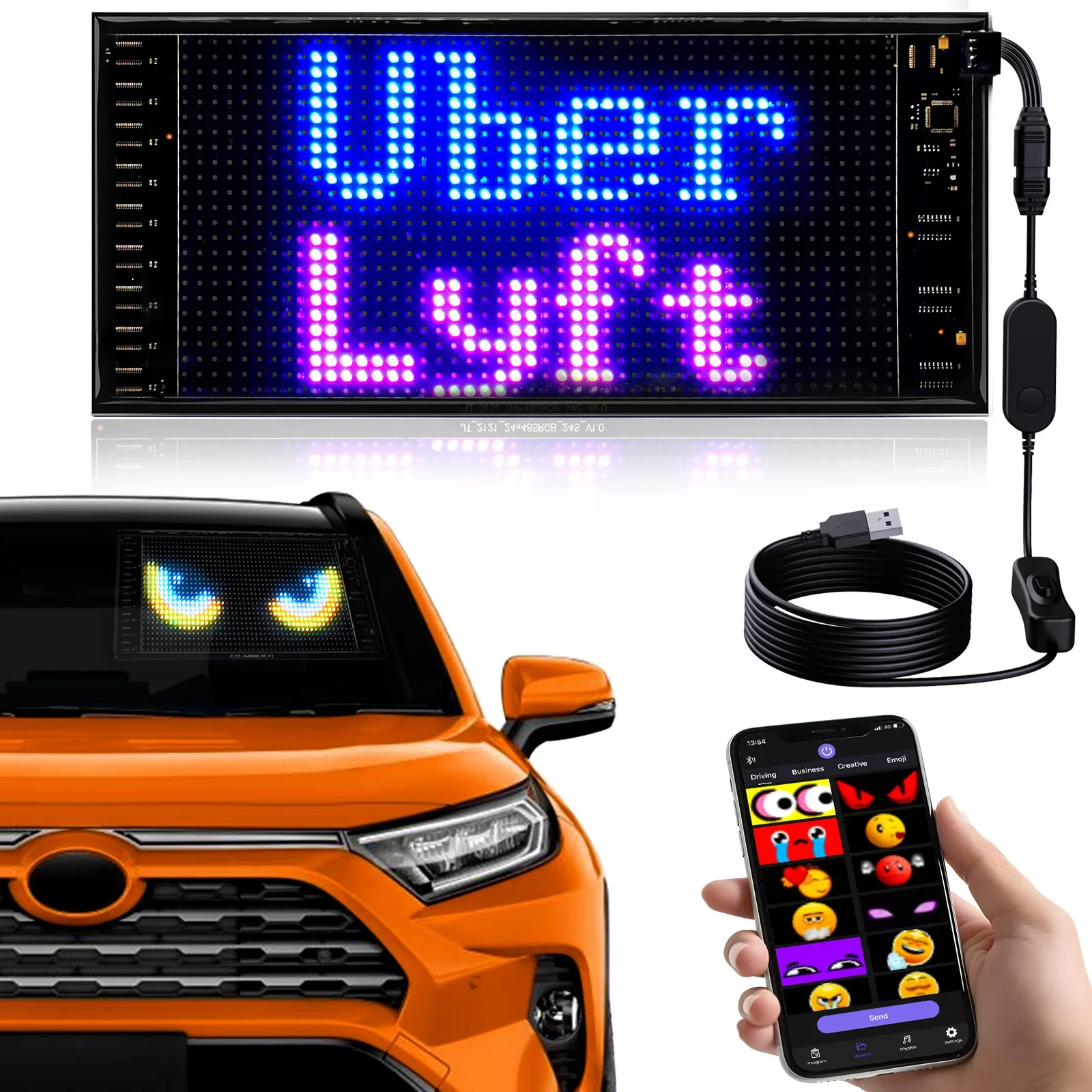 Car LED Screen Smart Pixel Panel Display APP Control Customizable DIY Text Pattern Animation Home Decoration Game Room Christmas