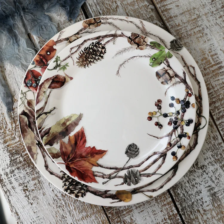 

Export European and American retro elegant ceramic Western dinner plate pine cone garden steak plate pasta plate deep plate.