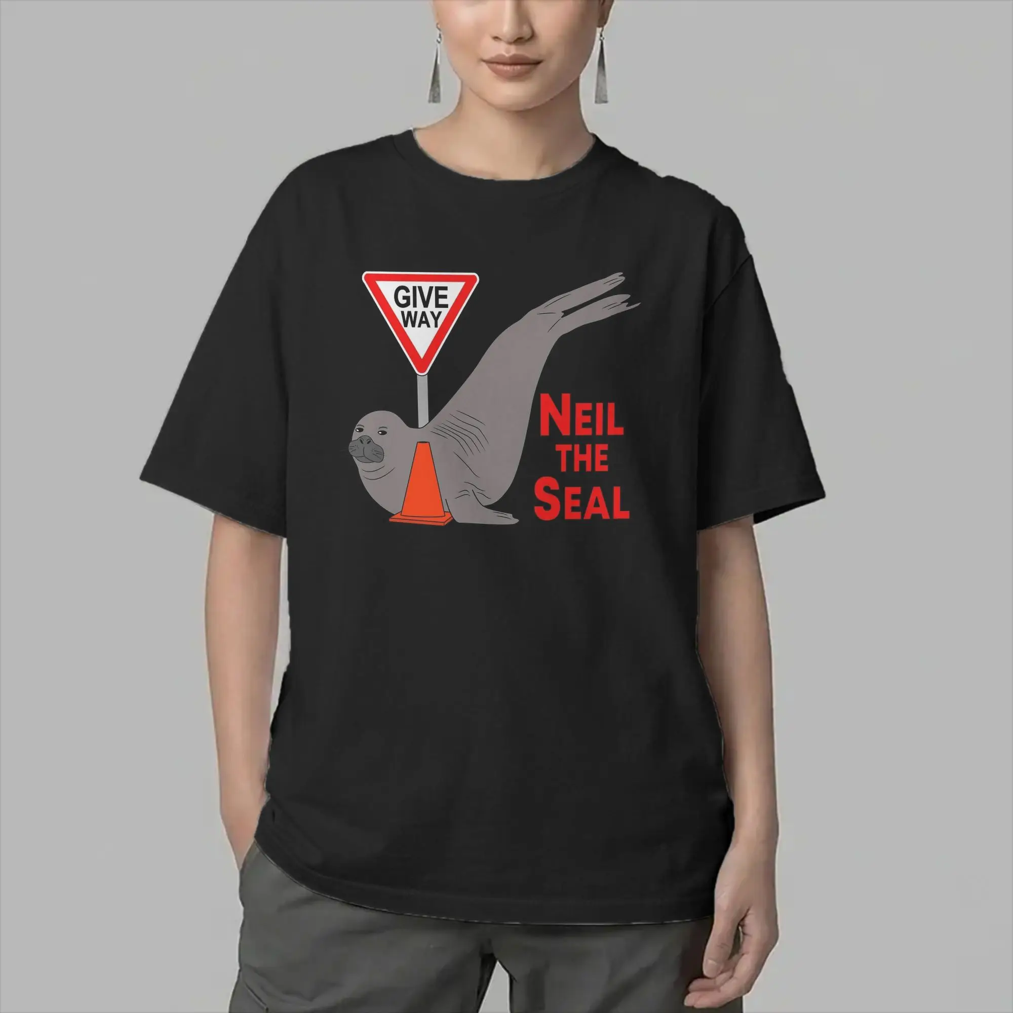 Vintage Give Way to Neil the Seal T-Shirts Men Round Neck 100% Cotton T Shirts  Short Sleeve Tees Gift Idea Clothes