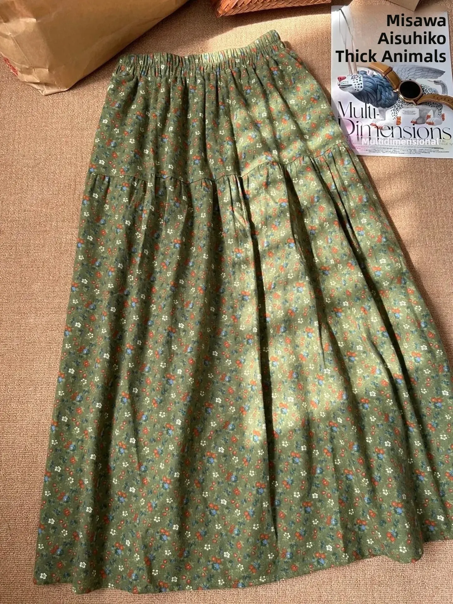 Retro Green Floral Cake Half Skirt Autumn  Artistic A-Line Umbrella Skirt Warm Cotton Flocking Print High Waist Elastic ...