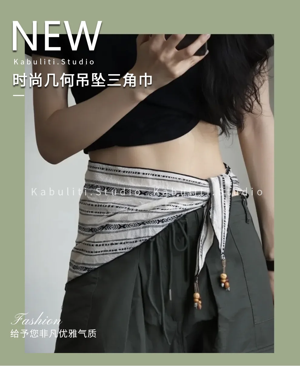 Neckerchief Vintage Multicolor Striped Cotton with Pendant for Women Spring Summer Breathable Soft Durable Premium