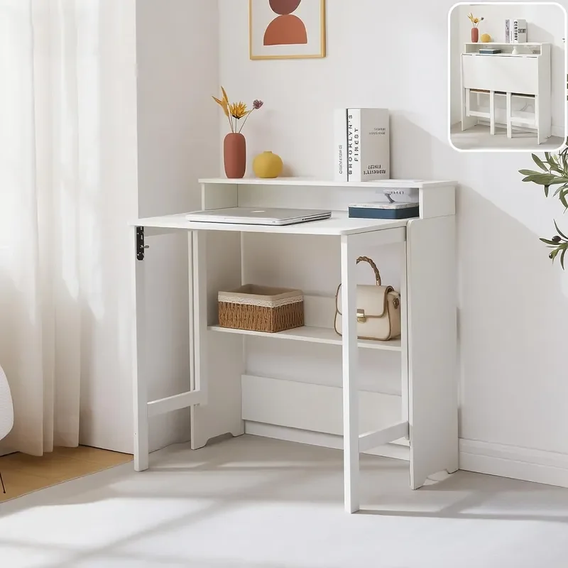 Fold Out Desk with Power Outlets Small Foldable Table with Storage Shelf Space Saving Hidden Desk for Bedroom Living Room