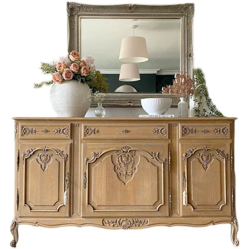 

ls 42Solid wood dining side cabinet Nordic French retro old oak log carved three-door sideboard complete