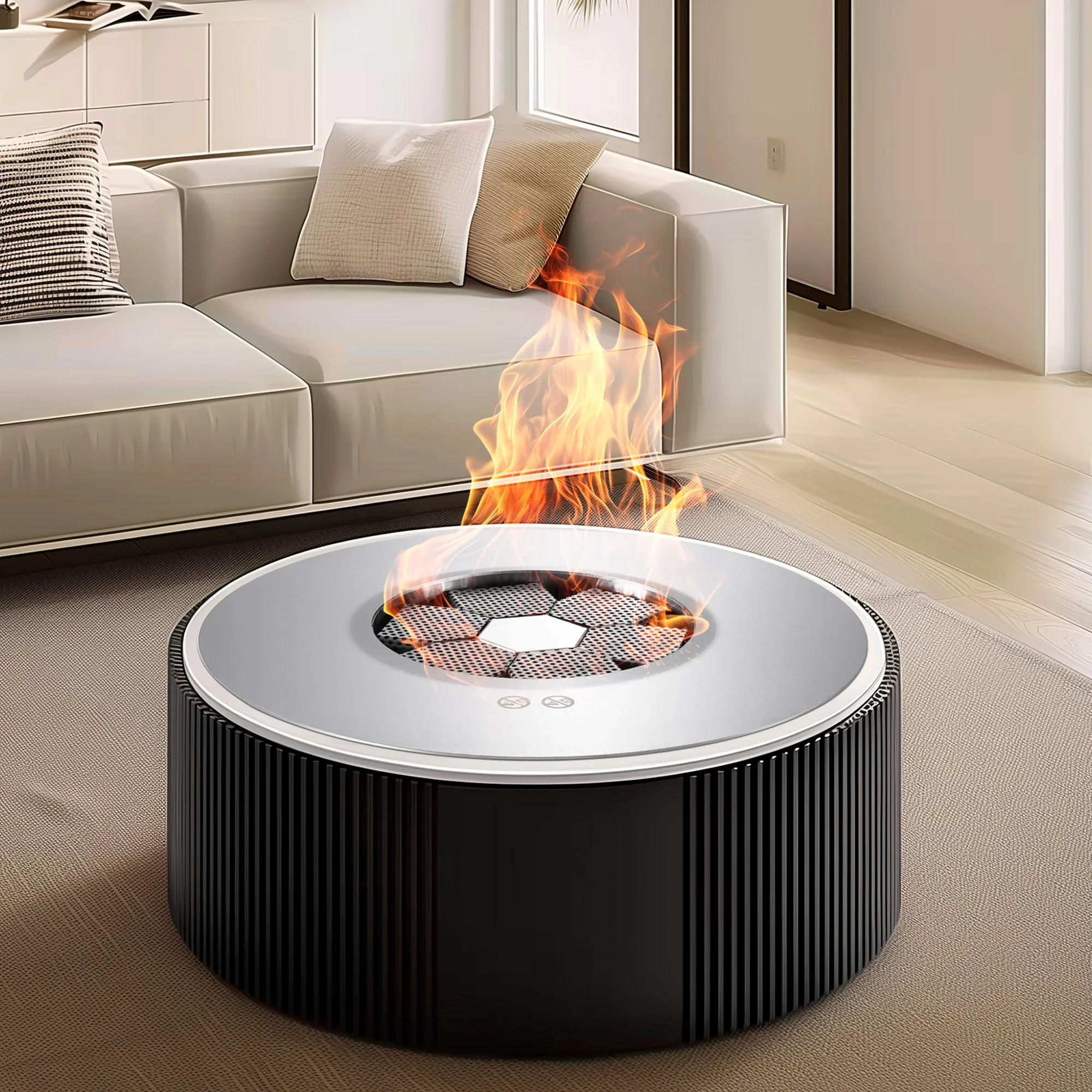 Round Gel Ethanol Fireplace with Modern Mantel - Stylish Indoor Heater for Living Spaces