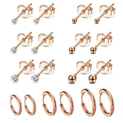 9 Pairs Stainless Steel Small Cartilage Earrings Stud Earrings Women's CZ Ball Tragus Helix Endless Ring Pierced Earring Set