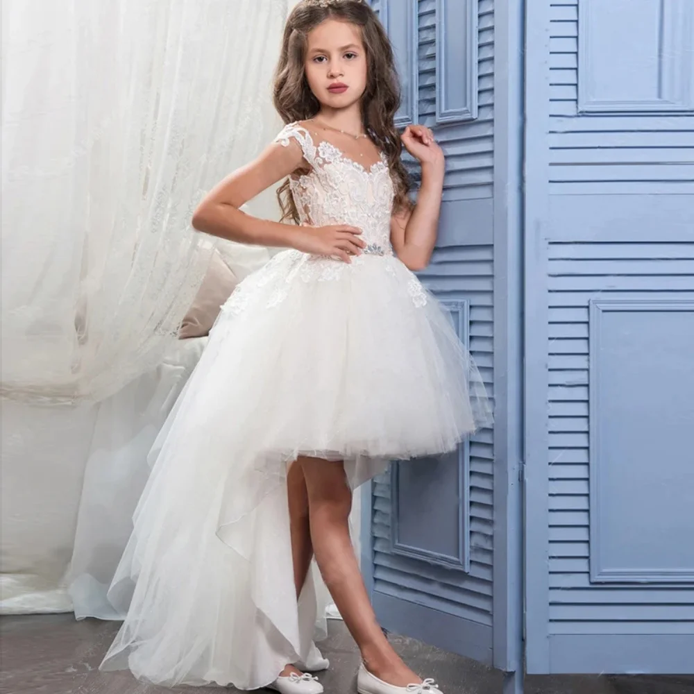 

Ivory Lovely Flower Girls Dresses Lace Applique A-Line Short Sleeves Pageant Baby High-Low Cute First Communion Bridesmaid Gowns