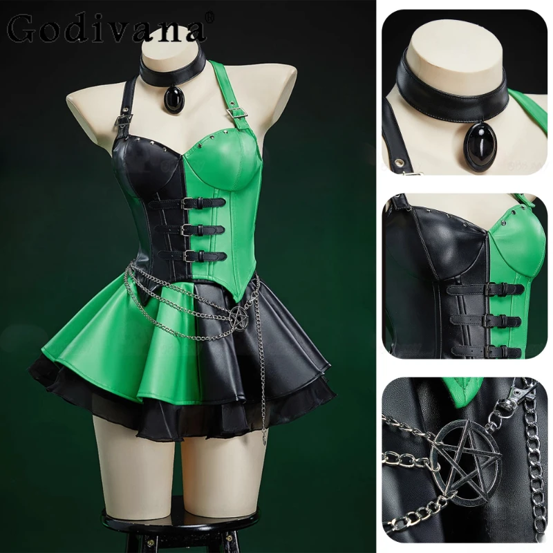 

Top and Skirt Set with Choker and Waist Chain Halloween Women Gothic Black Green Outfits Female Color Blocked Corset Skirt Suit
