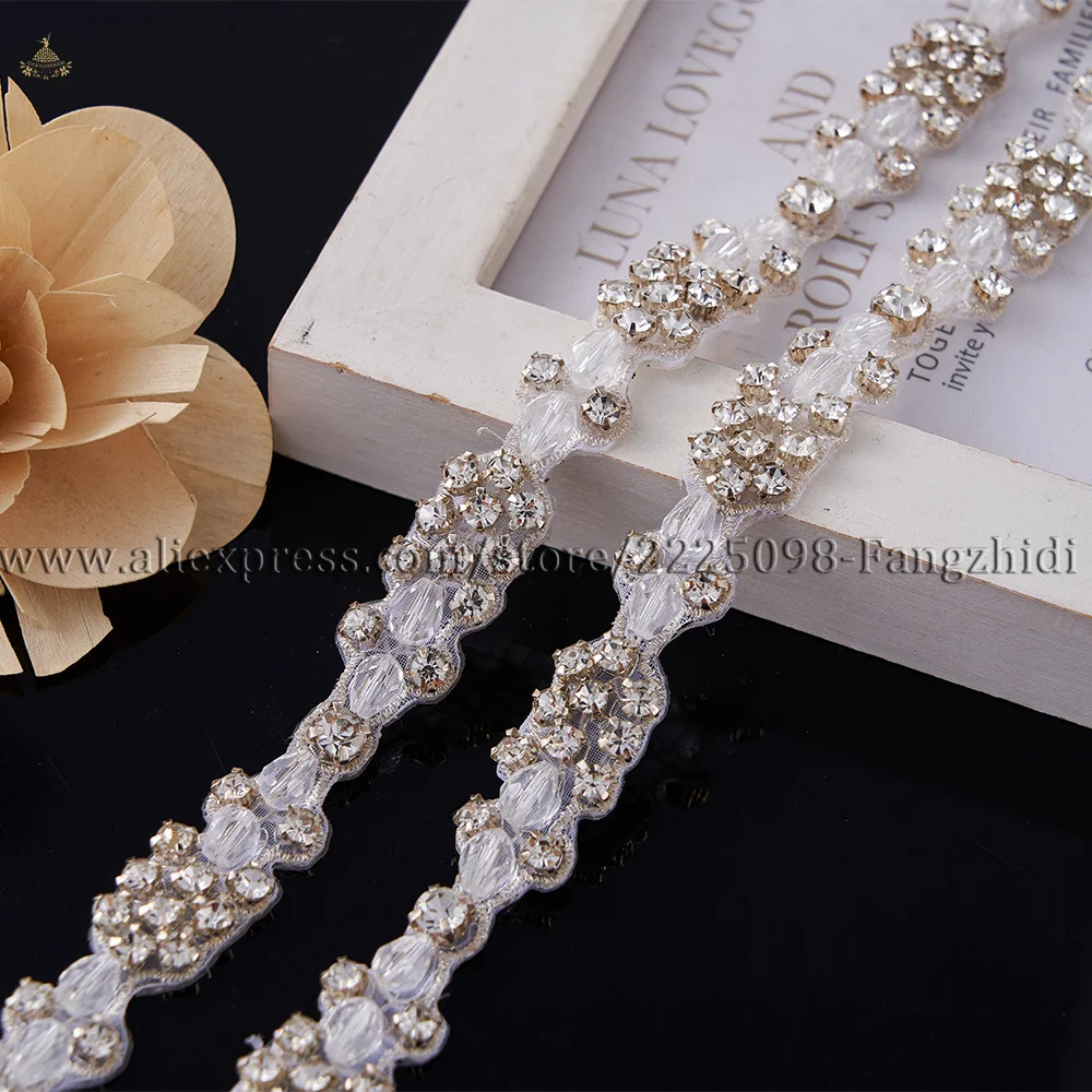 

FZD Applique Silver 1 Yard Rhinestones Crystal Dress Beaded Trim for Wedding Dress Rhinestone and Pearl Applique By The Yard DIY