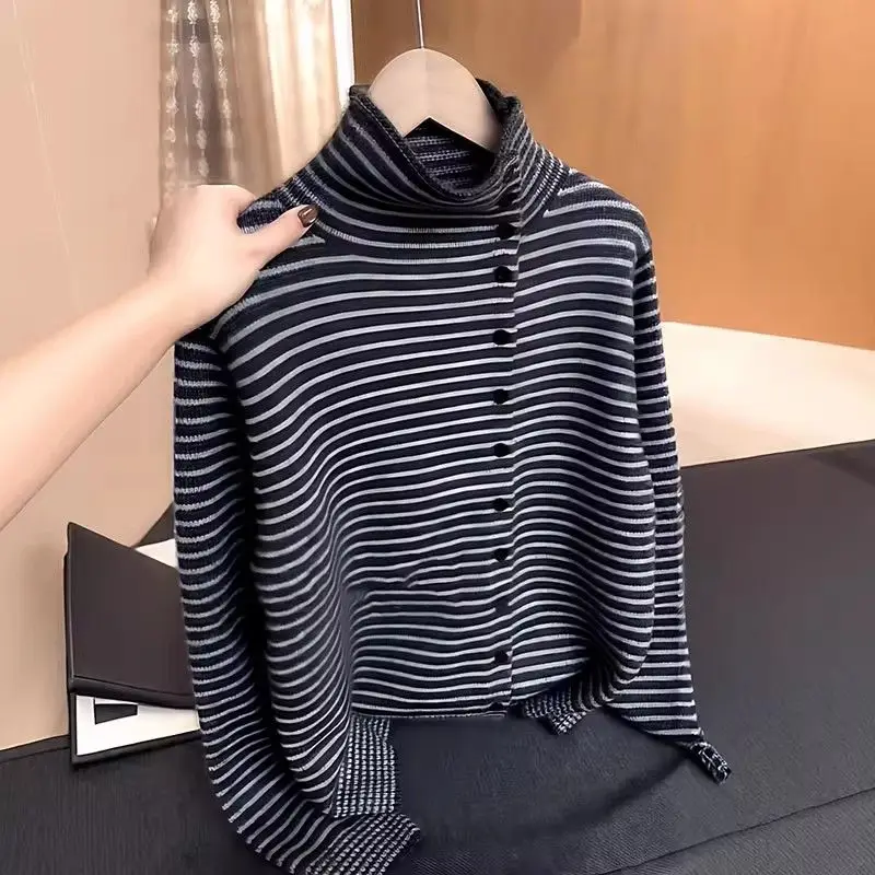 

Sweaters Mock Neck Knitted Sweater Women Pullovers New Long Sleeve Striped Knit Sweater Pullover Women Tops Women Clothing Q2149