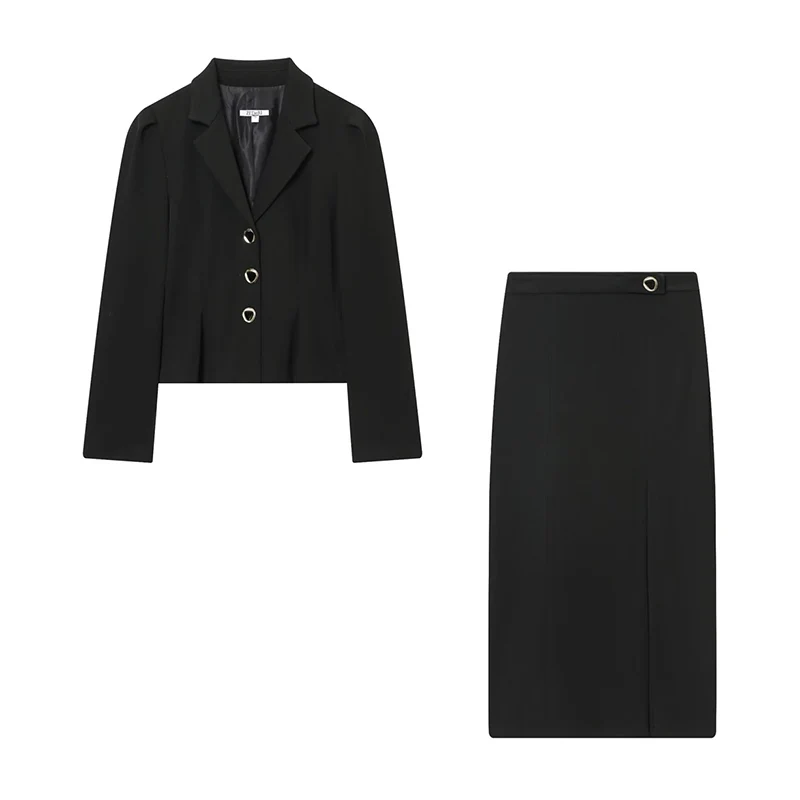 

Women's Suit Set New Puff Sleeve Waist-Cinched Blazer with Split Design Midi Skirt Fashionable 2-Piece Set for Office Wear