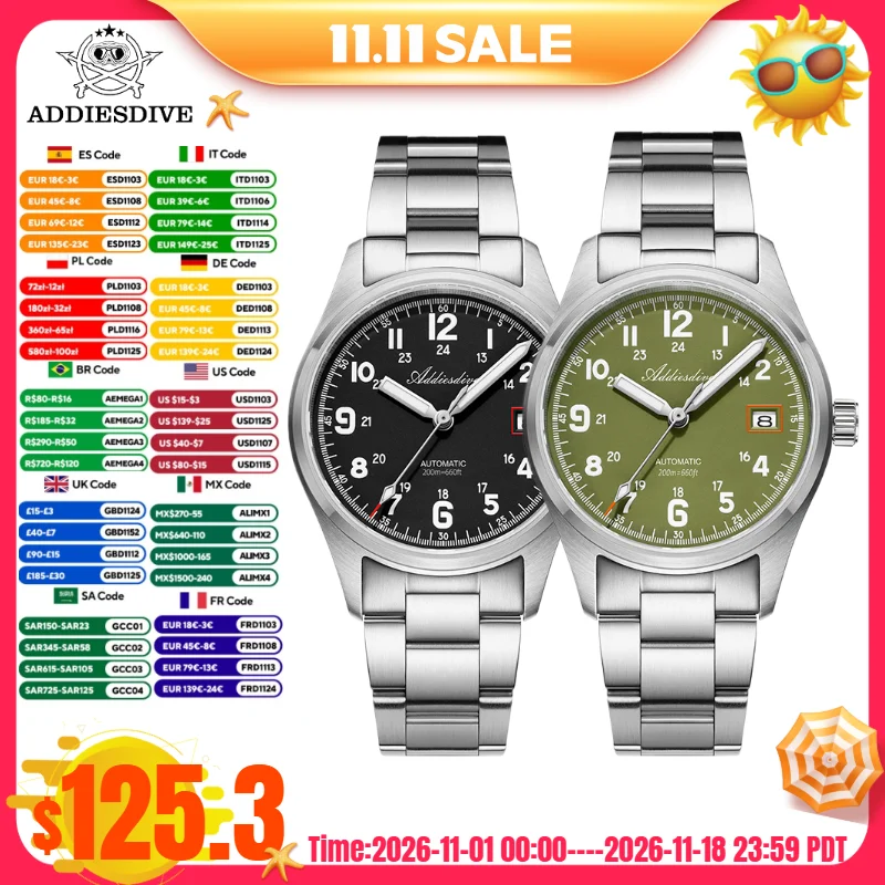 ADDIESDIVE AD2070 Automatic Watch BGW9 Luminous Sapphire Crystal 20Bar Diver Windows Display NH35A Men Mechanical Watch Reloj