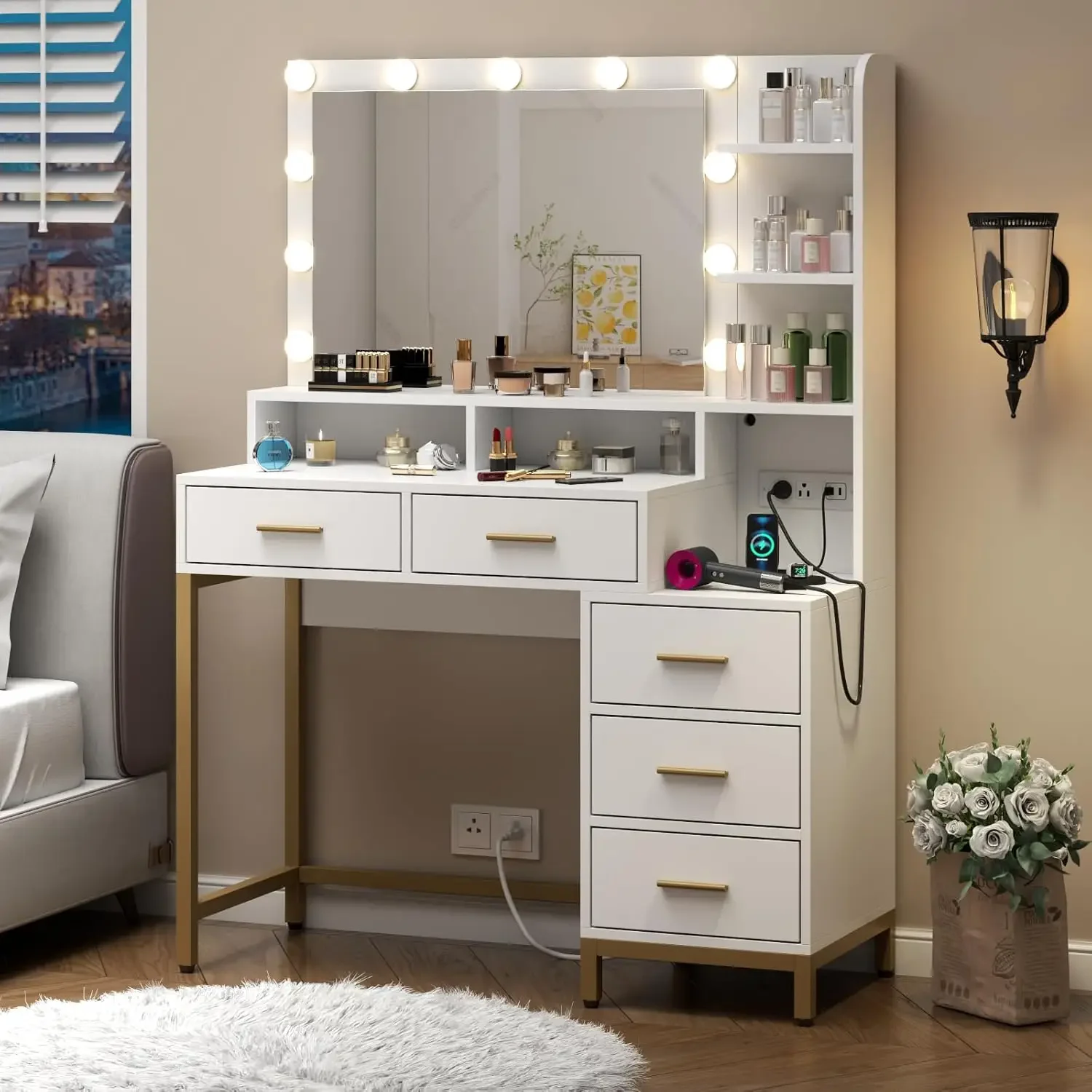 

Vanity Desk with Lighted Mirror & Power Outlet, with 5 Drawers, Two Cubby&Shelf, Dresser with 11 Lights in 3 Lighting Colors