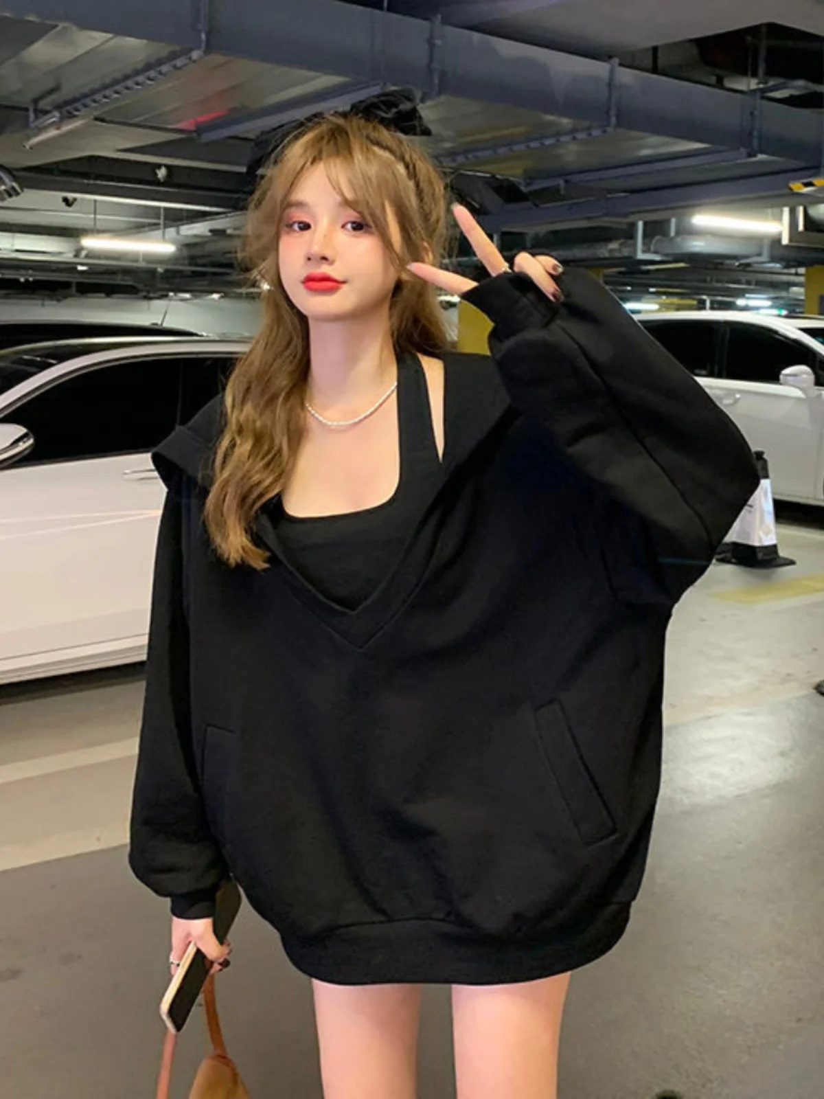 Set Dr Hoodie V-Ne Merah Muda Pakaian Wanita Musim Gugur Musim Dingin Sle Jalanan Mekanisme Jantung Anti Penuaan Set Dua Potong Trendi