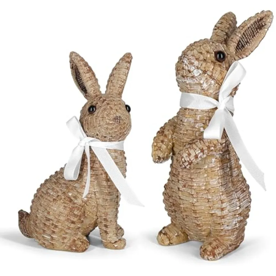 

Rattan Effect Resin Bunny Easter Decor Table Rabbit Spring Bunnies Decoration Statue Figurine for Home Farmhouse Brown Big-Pair