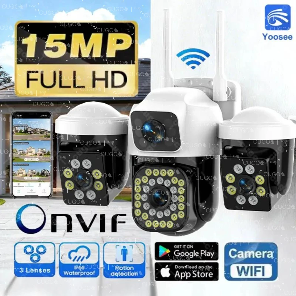 15MP 8K WiFi IP Camera 3 Lens 3 Screens Surveillance PTZ Camera IP Outdoor Waterproof  Auto Tracking  Security CCTV Cam YOOSEE
