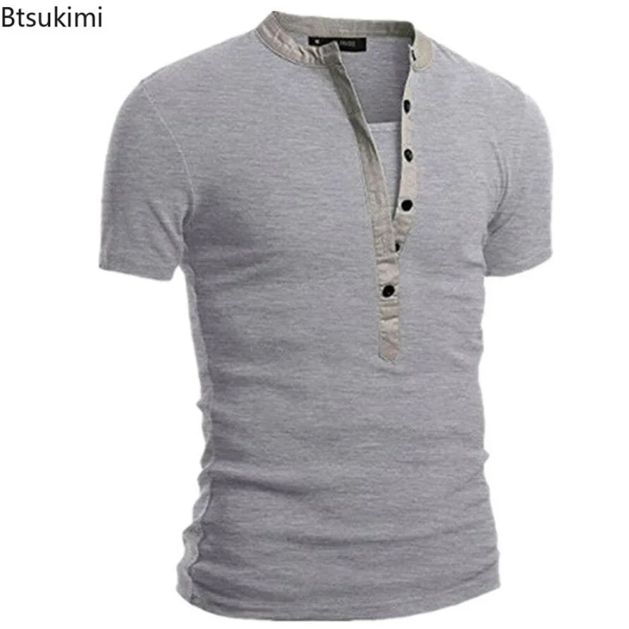 2024 Men\'s Summer Casual Shirts Solid V-neck Button Slim Fit T-Shirts for Men Fashion Short Sleeve Tees Tops Men Clothing S-3XL