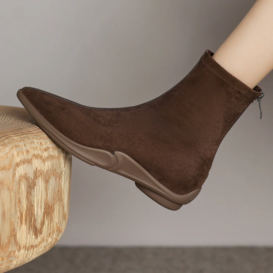 

Women's natural suede leather pointed toe flats autumn ankle boots back zip casual female short booties shoes for woman 2024 new