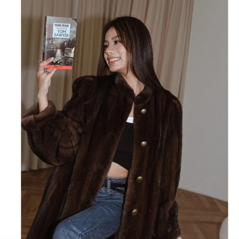 Luxury Vintage High-end Mink Coat Women Soft Fur Jacket Single-breasted Stand-up Collar Windproof Outerwear Design Jackets Trend