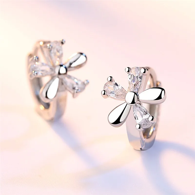 Cute CZ Flower Earrings Fine 925 Sterling Silver with AAA Cubic Zircon Stone Inlay Paved Hoop Loop Jewelry for Women