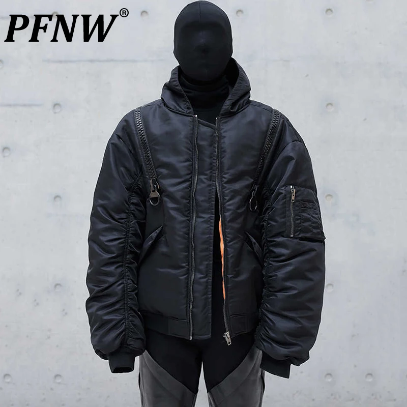 PFNW Niche Design Large Zipper Silhouette Oversized Parkas Jacket Men\'s Winter Bomber Thick Hooded Cotton-padded Coat 12C1882